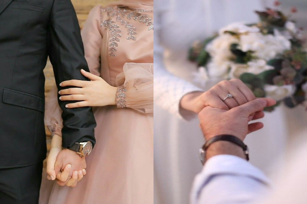 ژست عکس عقد محضری که عروس و داماد دست در دست هم دارند